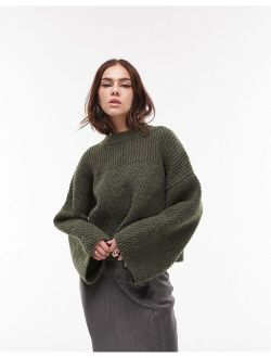 knitted mix stitch wide sleeve crew sweater in olive green