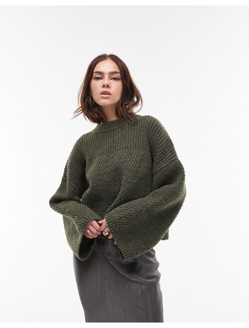 Topshop knitted mix stitch wide sleeve crew sweater in olive green