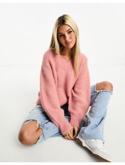 chunky oversized v neck sweater in brushed yarn in pink