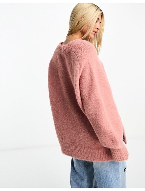 ASOS DESIGN chunky oversized v neck sweater in brushed yarn in pink