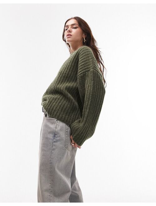 Topshop knit ribbed crew sweater in khaki