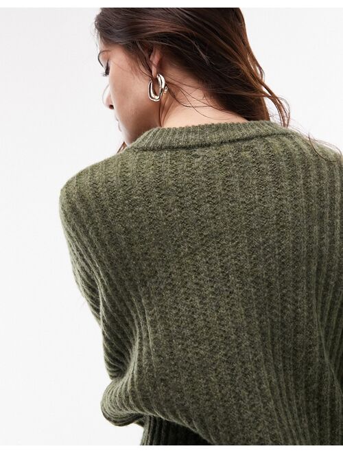 Topshop knit ribbed crew sweater in khaki