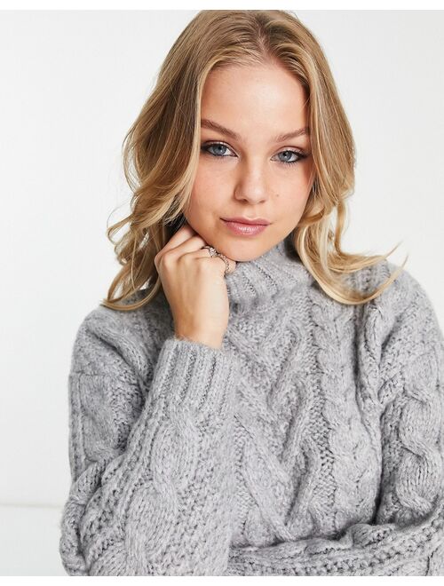 ASOS DESIGN crop cable sweater with high neck in fluffy yarn in gray
