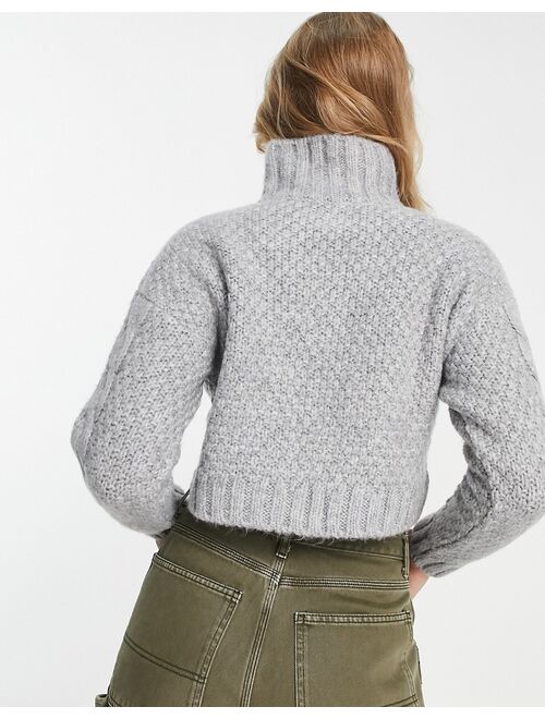 ASOS DESIGN crop cable sweater with high neck in fluffy yarn in gray