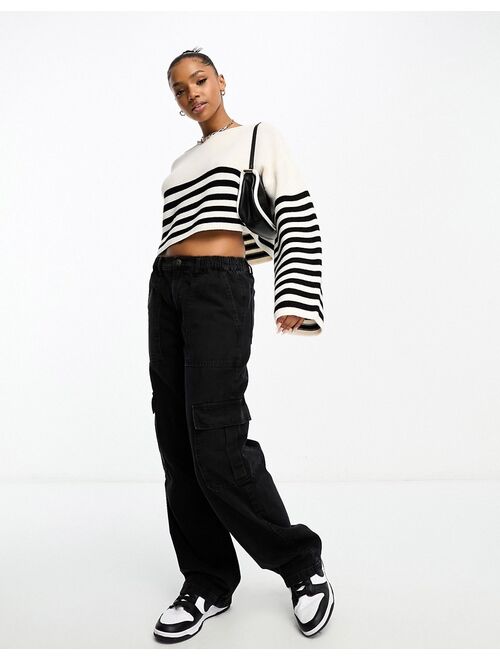 Miss Selfridge thin stripe crop knit sweater in black stripe