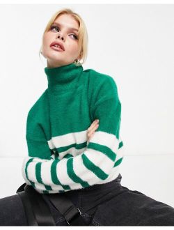 Only roll neck sweater in green and white stripe