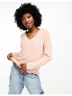 textured v neck knitted sweater in pink
