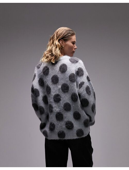 Topshop knitted crew neck fluffy spot sweater in blue