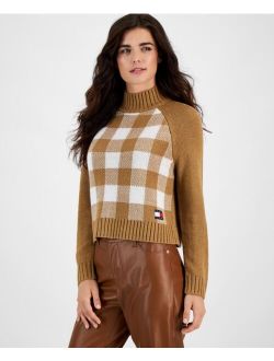 Tommy Jeans Women's Plaid-Front Mock-Neck Sweater