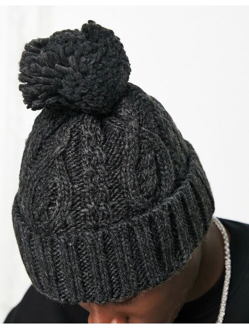 French Connection cable bobble beanie hat in gray