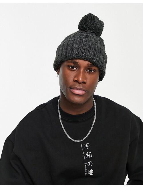 French Connection cable bobble beanie hat in gray