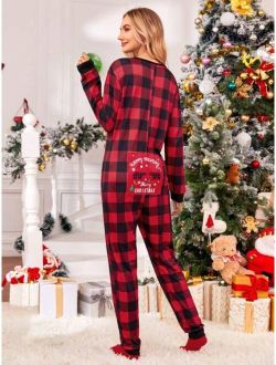 1pc Family Matching Buffalo Plaid & Christmas Print Sleep Jumpsuit