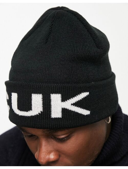 French Connection FCUK ribbed beanie hat in black