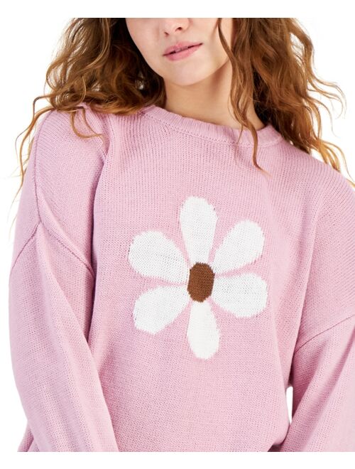 Just Polly Juniors' Daisy Graphic Ribbed-Edge Sweater
