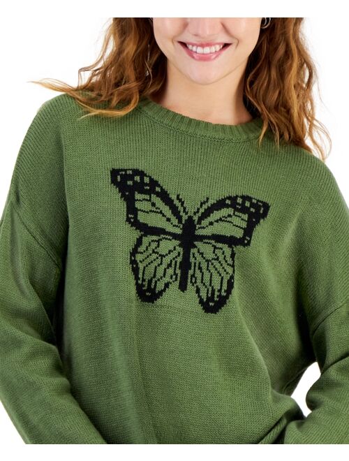 Just Polly Juniors' Butterfly Graphic Ribbed-Edge Sweater