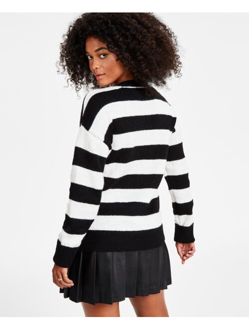 Bar III Petite Fuzzy Striped Crewneck Drop-Shoulder Sweater, Created for Macy's