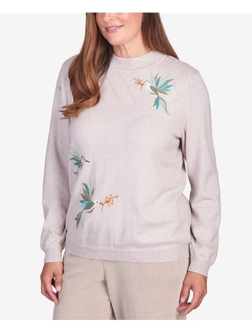 Alfred Dunner Women's St.Moritz Hummingbird Pointelle Yoke Mock Neck Sweater