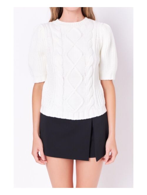English Factory Women's Cable Knit Puff Sleeve Sweater