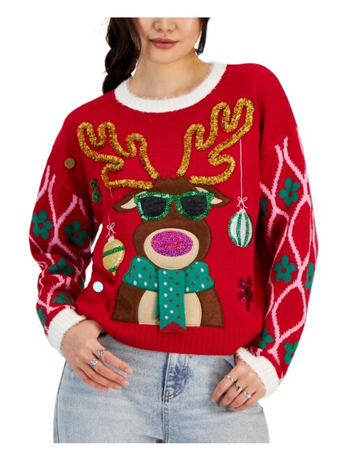 Hooked Up by IOT Juniors' Embellished Sunglasses Reindeer Ugly Christmas Sweater