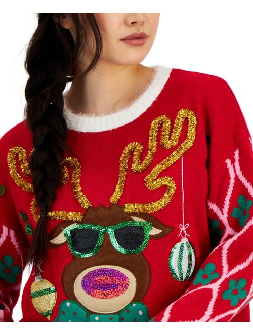 Hooked Up by IOT Juniors' Embellished Sunglasses Reindeer Ugly Christmas Sweater