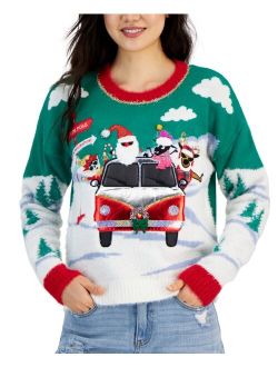 Hooked Up by IOT Juniors' Embellished Santa Roadtrip Ugly Christmas Sweater