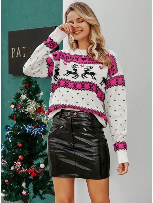 Simplee Christmas Pattern Drop Shoulder Sweater