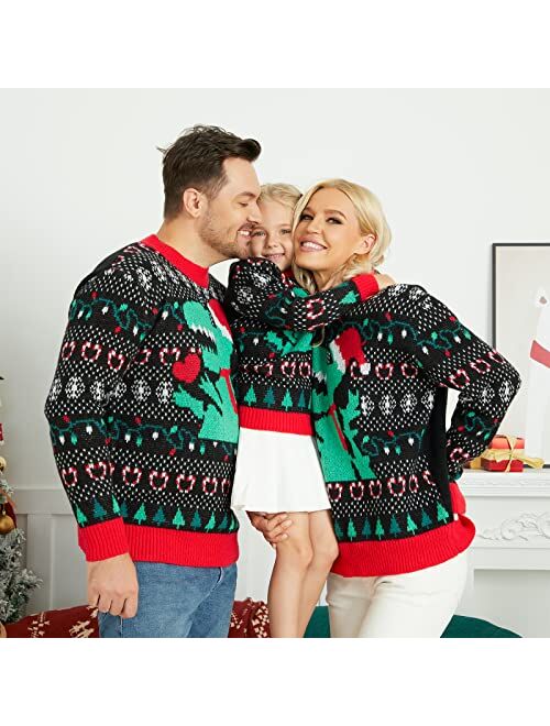 Mumetaz Ugly Family Christmas Sweater Dinosaur Christmas Tree Print Long Sleeve Xmas Knitted Pullover Top