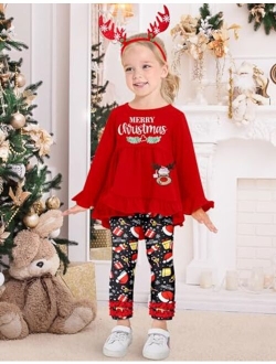 ADIFUN Toddler Girl Christmas Outfit Red Long Sleeve Top Christmas Element Pattern Black Pants Elk Hair Bands 3 Piece Set