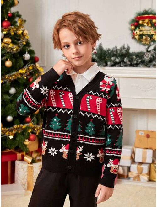 SHEIN Tween Boy Christmas Pattern Button Front Cardigan