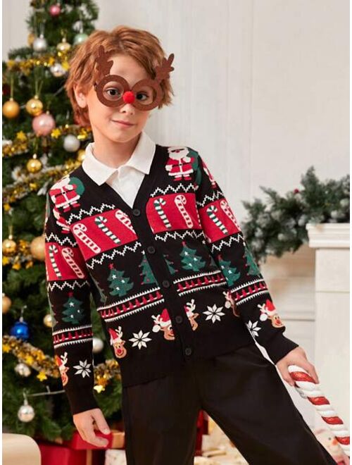 SHEIN Tween Boy Christmas Pattern Button Front Cardigan