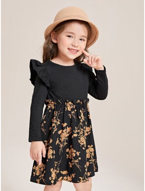 SHEIN Kids Nujoom Toddler Girls Floral Panel Ruffle Trim Dress