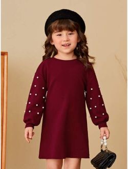 SHEIN Kids FANZEY Toddler Girls Pearls Beaded Lantern Sleeve Dress
