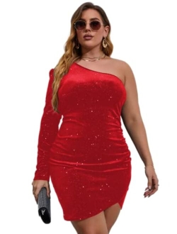 Women's Plus Size One Shoulder Long Sleeve Ruched Wrap Velvet Bodycon Dress