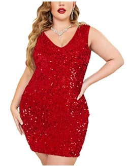 IN'VOLAND Womens Sequin Dress Plus Size V Neck Party Cocktail Sparkle Glitter Evening Stretchy Mini Bodycon Dresses