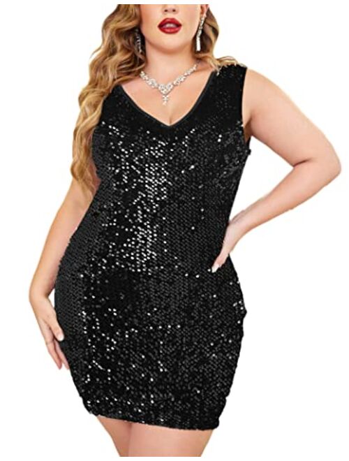IN'VOLAND Womens Sequin Dress Plus Size V Neck Party Cocktail Sparkle Glitter Evening Stretchy Mini Bodycon Dresses