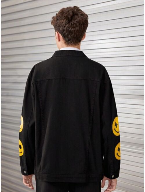 SHEIN Teen Boy Cartoon Graphic Flap Detail Denim Jacket