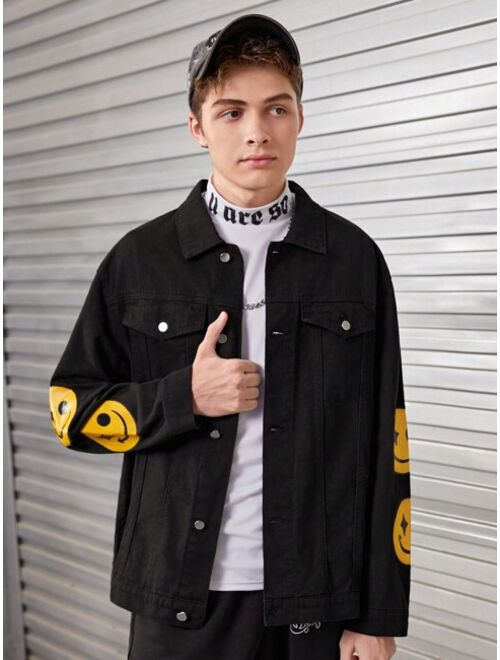 SHEIN Teen Boy Cartoon Graphic Flap Detail Denim Jacket