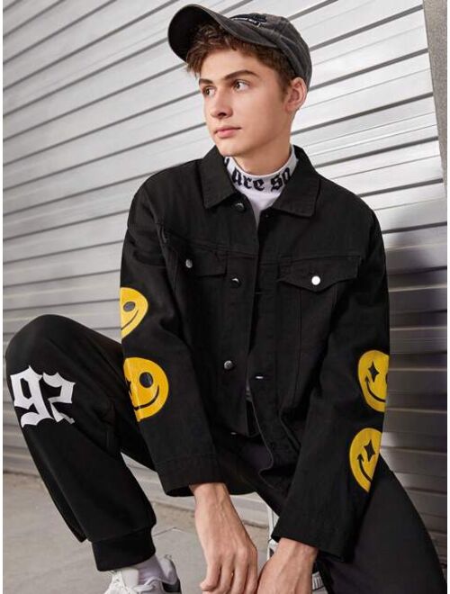 SHEIN Teen Boy Cartoon Graphic Flap Detail Denim Jacket