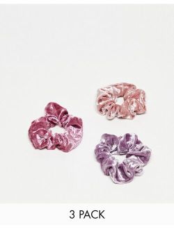 The Basik Edition Crushed Velvet Scrunchies 3pk in Pink and Purple