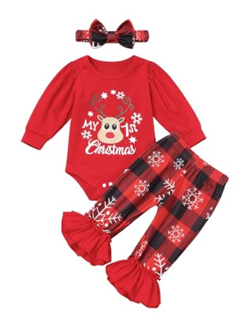 Sinda My First Christmas Outfit Newborn Baby Girl Bodysuit Snowflake Plaid Ruffle Bell Bottom Pants Headband Christmas Clothes Set