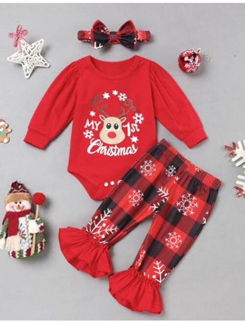 Sinda My First Christmas Outfit Newborn Baby Girl Bodysuit Snowflake Plaid Ruffle Bell Bottom Pants Headband Christmas Clothes Set