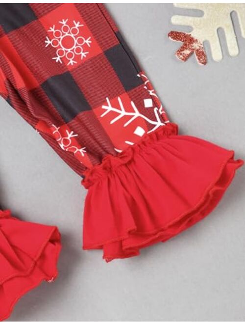 Sinda My First Christmas Outfit Newborn Baby Girl Bodysuit Snowflake Plaid Ruffle Bell Bottom Pants Headband Christmas Clothes Set