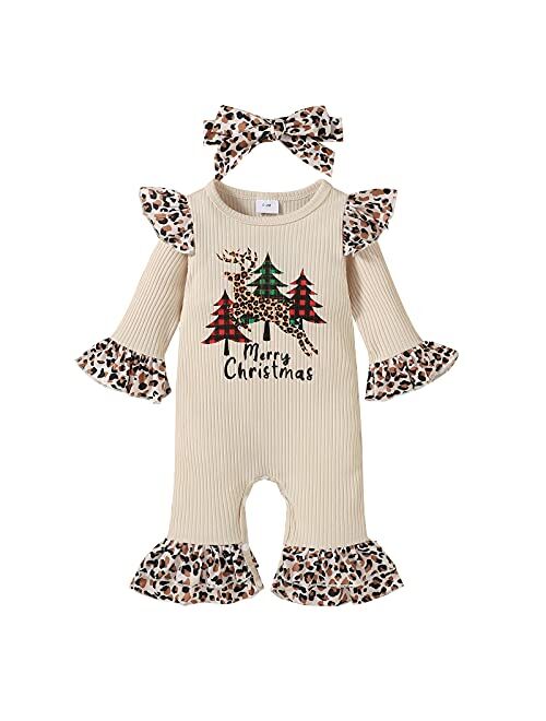Noubeau My 1st Christmas Newborn Baby Girl Outfits Cute Plaid Stripe Romper Playsuit Bell-Bottom Jumpsuit Headband Xmas Clothes
