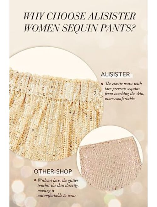 ALISISTER Womens Sequin Pants High Waist Glitter Bell Bottoms Sparkle Wide Leg Palazzo Flared Trousers