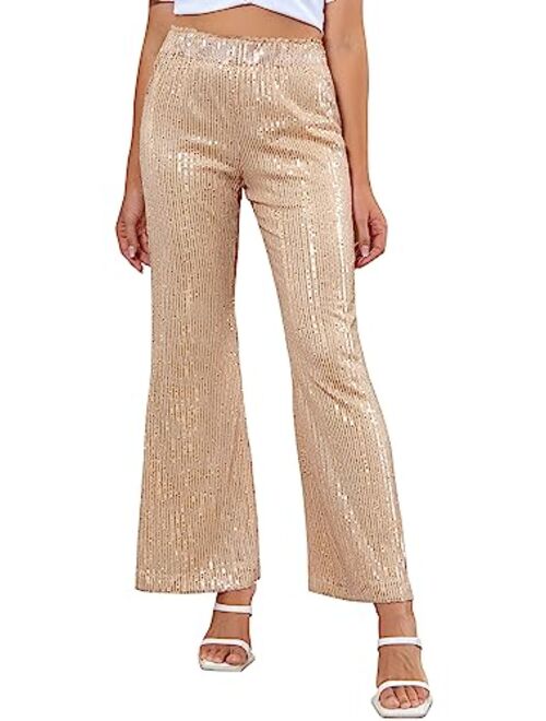ALISISTER Womens Sequin Pants High Waist Glitter Bell Bottoms Sparkle Wide Leg Palazzo Flared Trousers