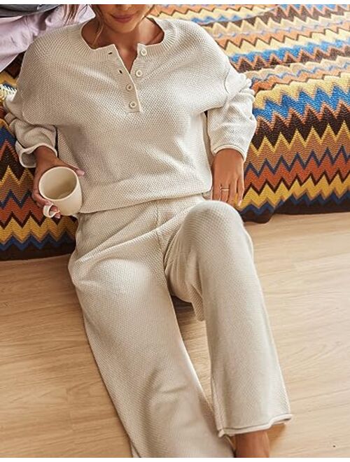 Ekouaer Pajamas Set Women Long Sleeve 2 Piece Outfits Knit Sweater Slouchy Button Sleepwear Sets with Wide Leg Pants