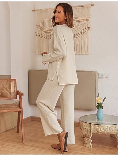 Ekouaer Pajamas Set Women Long Sleeve 2 Piece Outfits Knit Sweater Slouchy Button Sleepwear Sets with Wide Leg Pants