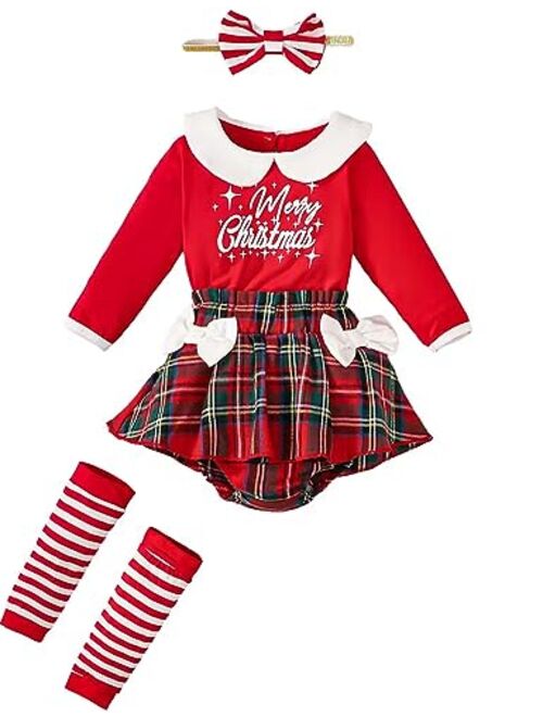 Aslaylme Newborn Girl Christmas Clothes Baby Xmas Outfit Merry Christmas Bodysuit Plaid Skirt Set