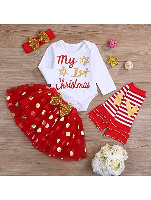 Grnshts My First Christmas Clothes Baby Girls My 1st Christmas Romper Top+Dot Tutu Skirt+Leg Warmers+Headband 4Pcs Outfit Set
