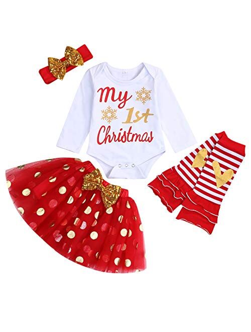 Grnshts My First Christmas Clothes Baby Girls My 1st Christmas Romper Top+Dot Tutu Skirt+Leg Warmers+Headband 4Pcs Outfit Set